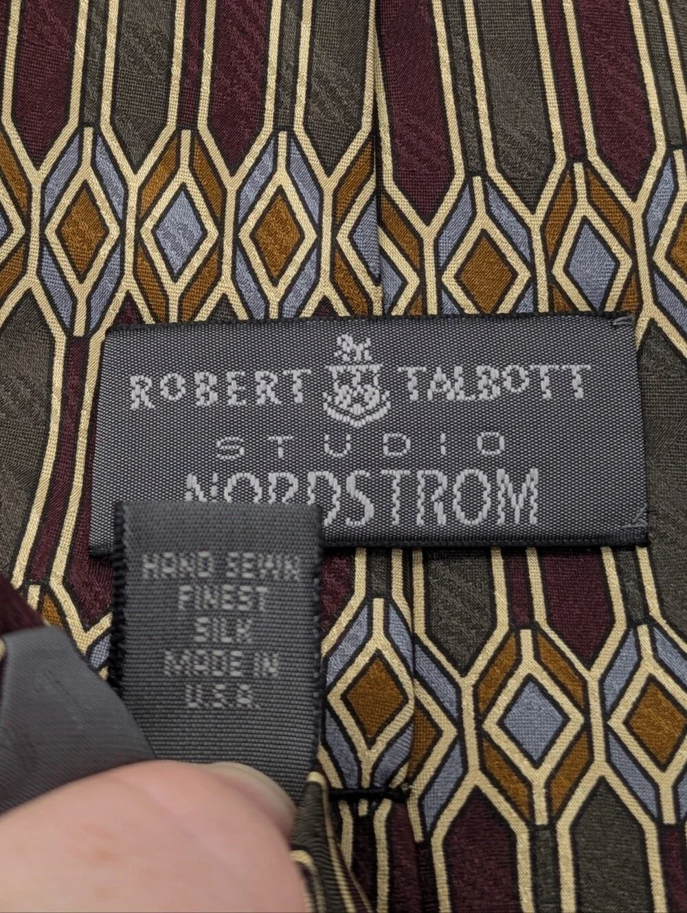 Vintage Robert Talbott Nordstrom Brown Green Maroon Geometric Art Deco Silk Tie
